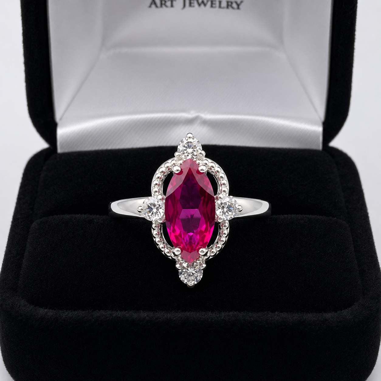 2.4ct Marquise Cut Ruby Ring with Diamond Accents | Vintage Inspired Sculptural Design