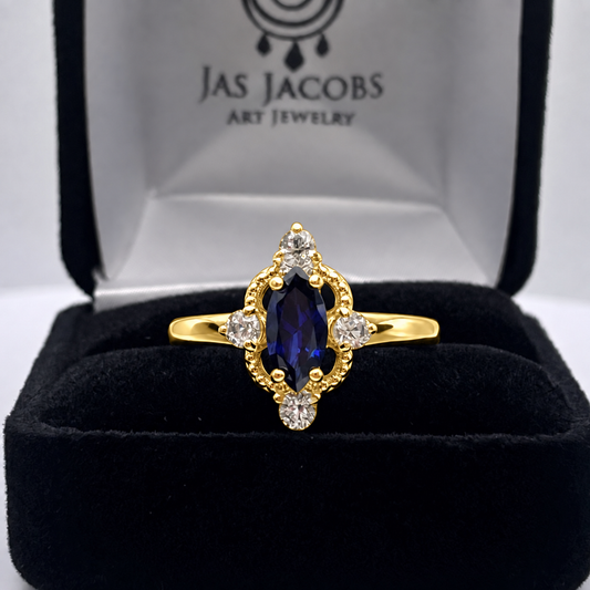 Marquise Sapphire & Diamond Navette Ring in Solid Gold