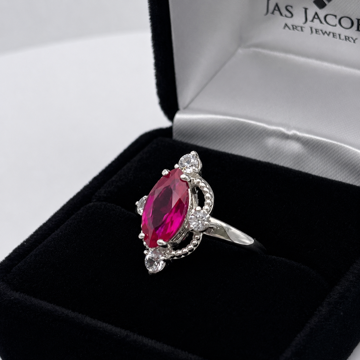 2.4ct Marquise Cut Ruby Ring with Diamond Accents | Vintage Inspired Sculptural Design