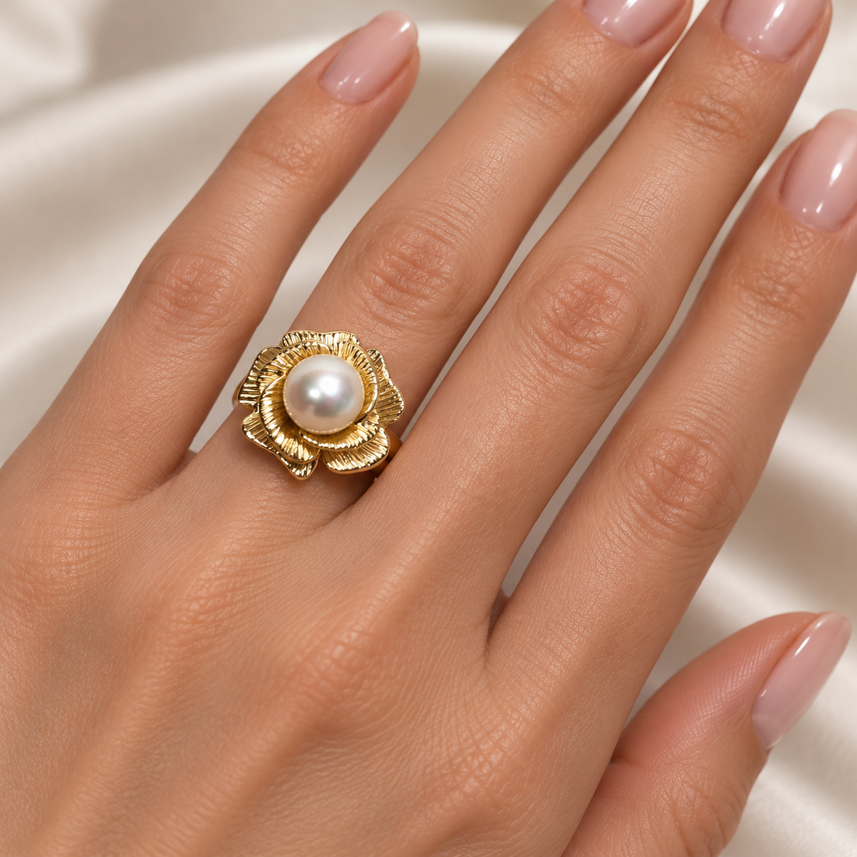 Genuine Akoya Pearl Sculptural Floral Ring