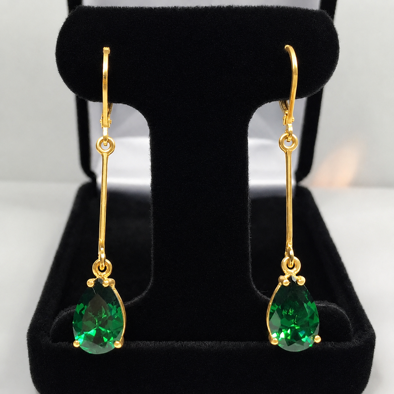 7CTW Pear Cut Emerald Statement Earrings | 2-Inch Long Dangle | Lever Back