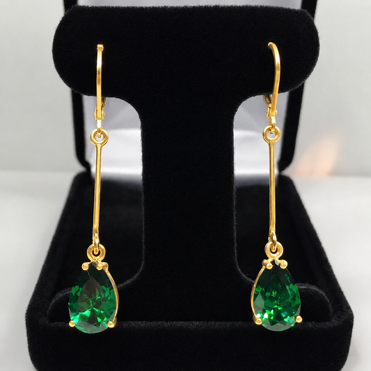 7CTW Pear Cut Emerald Statement Earrings | 2-Inch Long Dangle | Lever Back