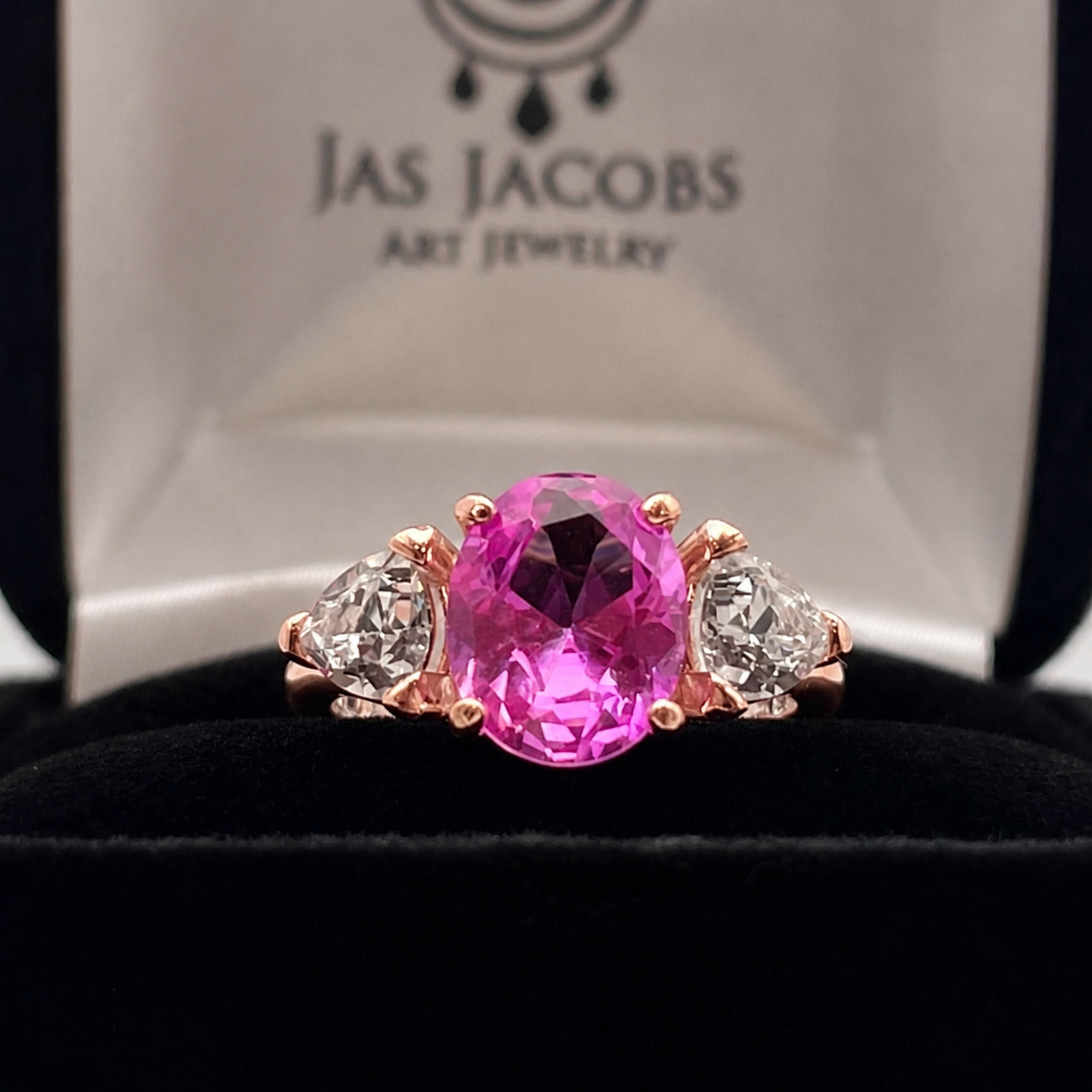 Vivid Pink Sapphire & White Sapphire Three-Stone Ring