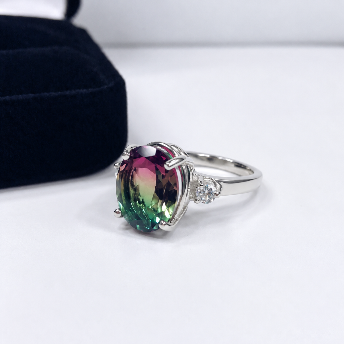 Watermelon Tourmaline Quartz Doublet & White Sapphire Statement Ring