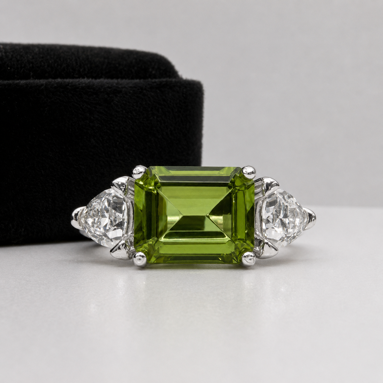 Emerald Cut Peridot & Trillion White Sapphire Art Deco Ring