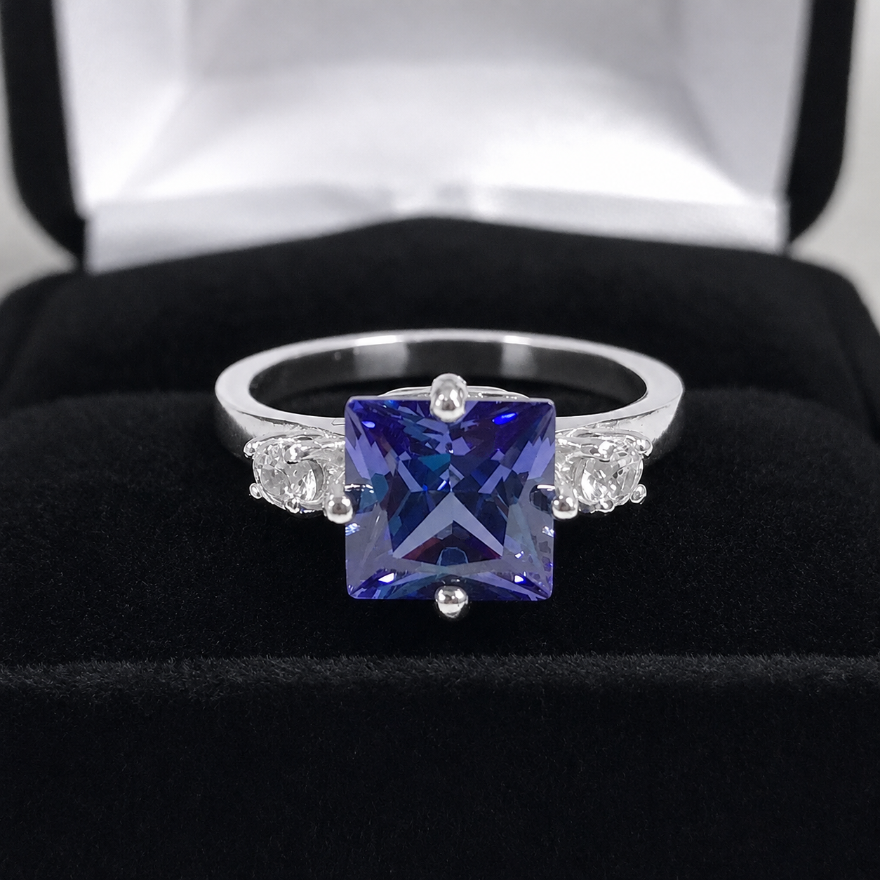 Princess Cut Simulated Tanzanite & White Sapphire Art Deco Ring