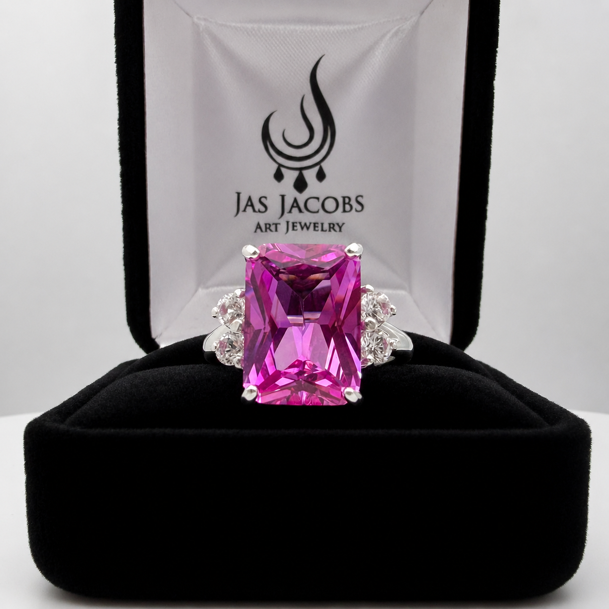 8ct Emerald Cut Pink Sapphire Ring with Diamond Accents | Available in 10k & 14k Gold or Sterling Silver