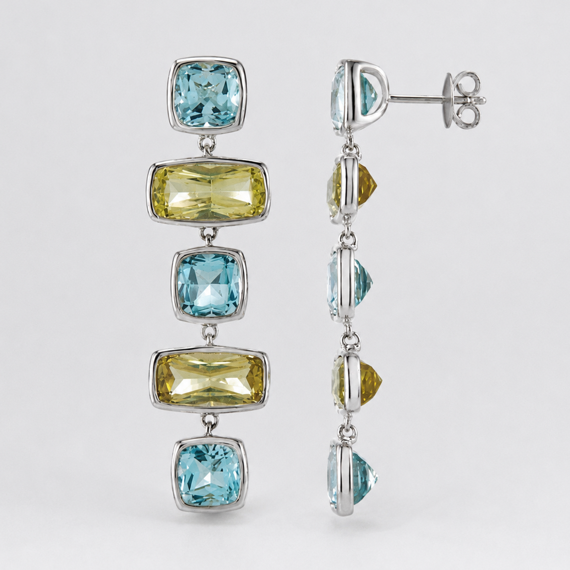 Sky Blue Topaz & Lime Quartz Geometric Drop Earrings 2”