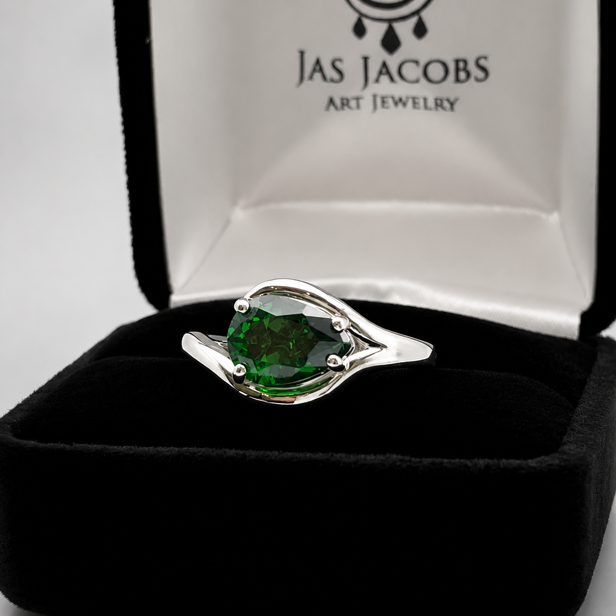 Pear Cut Emerald Ring Side Set Green Teardrop Gemstone Ring | Handmade Fine Jewelry