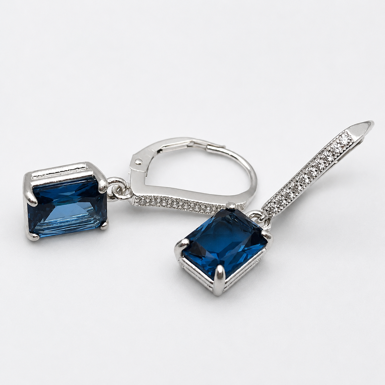 5.2ctw Emerald Cut London Blue Spinel & White Topaz Leverback Earrings