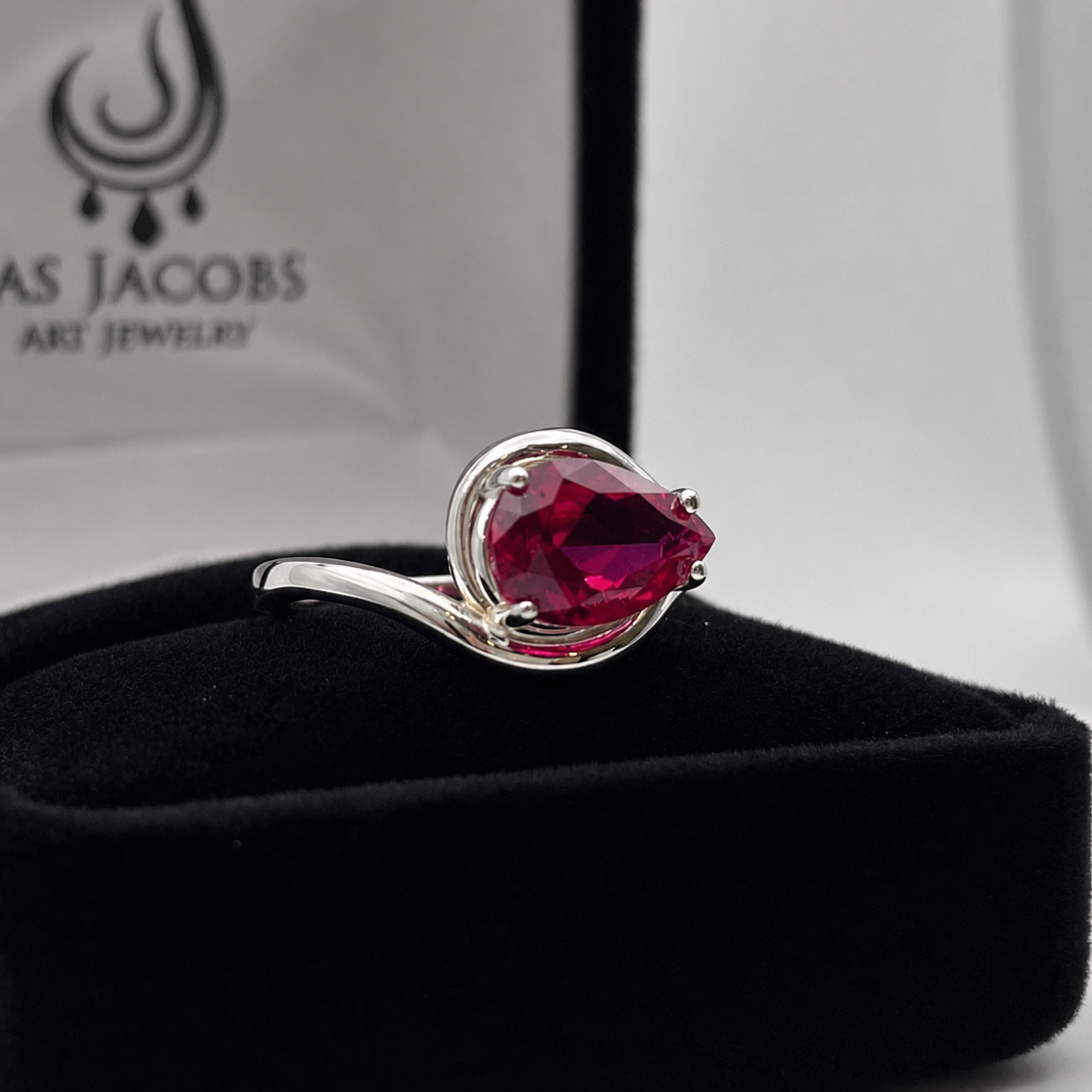 Pear Cut Side Set Ruby Ring | Elegant Arabesque Solitaire Ruby Ring | Available in Sterling Silver & 10K or 14K Gold