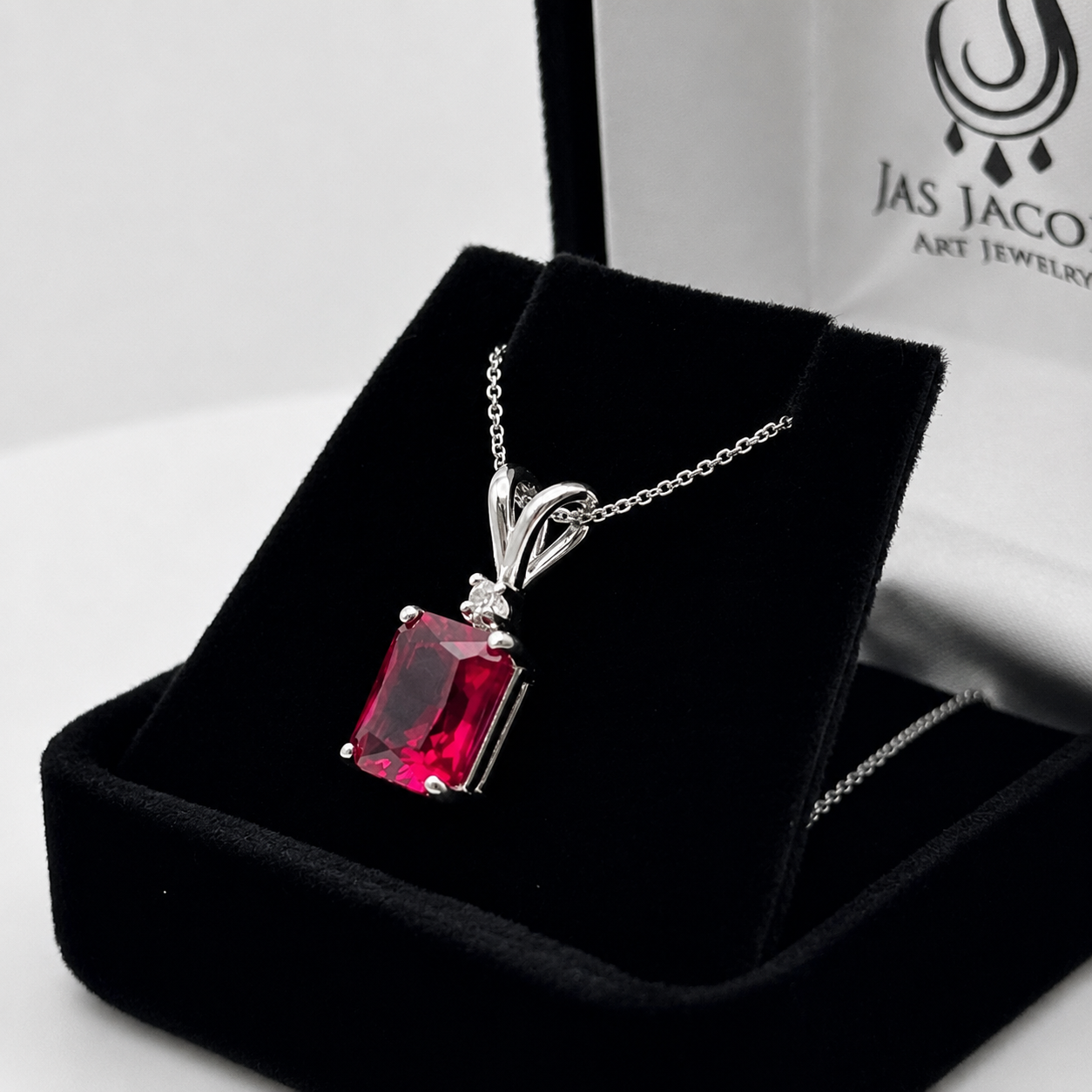 3CTW Emerald Cut Ruby Pendant Necklace | Diamond Accent