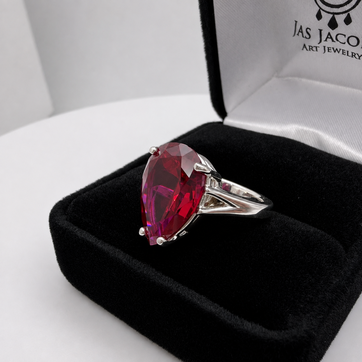 7.5ct Pear Cut Ruby Cathedral Solitaire Ring