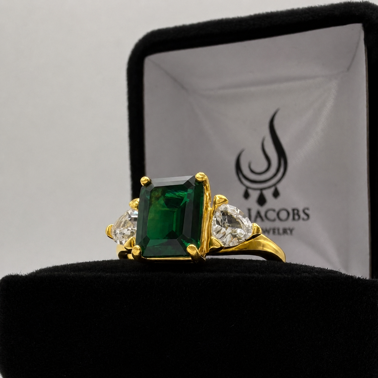 4.5CTW Emerald Cut Lab Emerald Ring | Trillion White Sapphire Three Stone Ring
