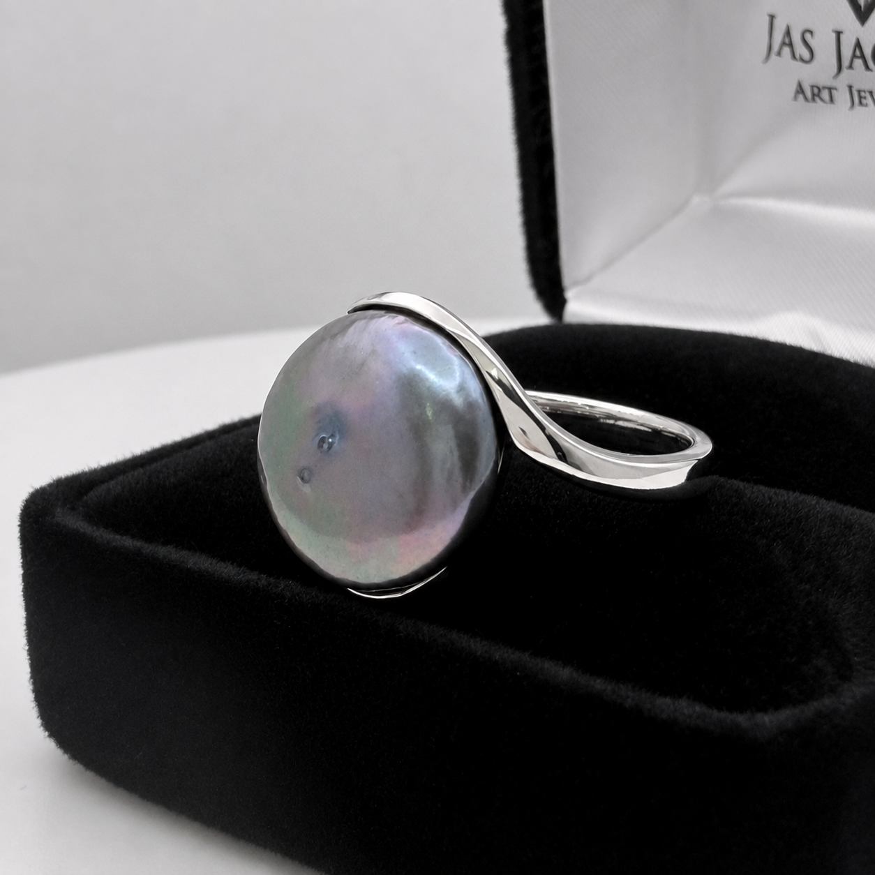 13mm Peacock Black Coin Pearl Ring | Sterling Silver Arabesque Statement Jewelry