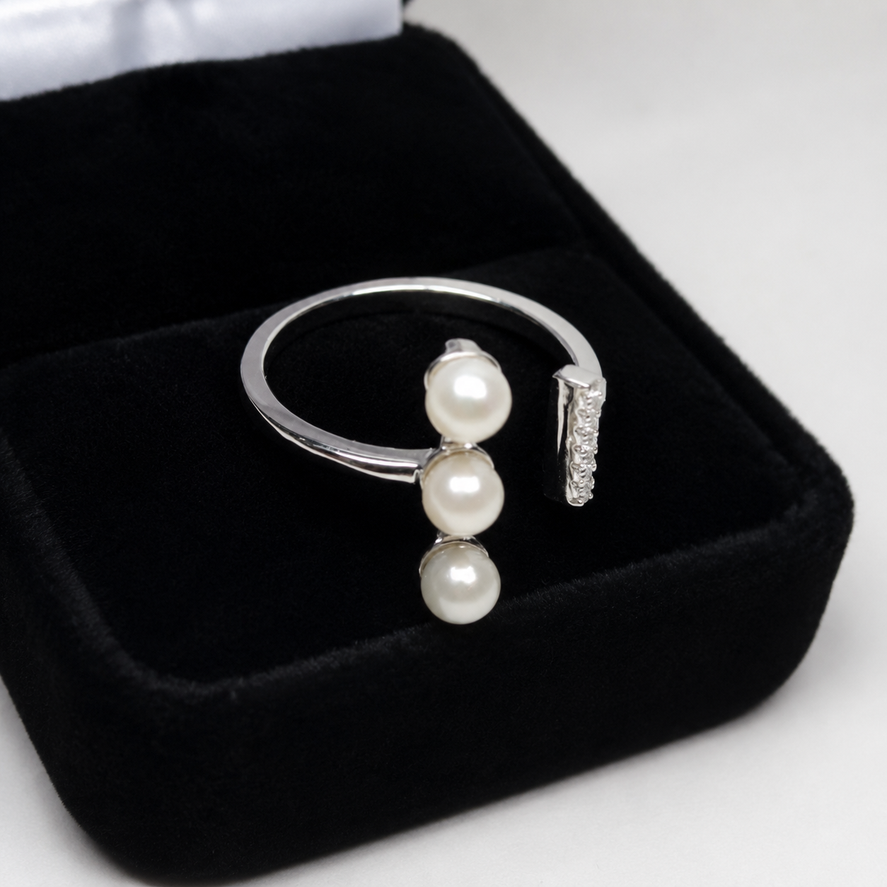 Sterling Silver Pearl Ring with Cubic Zirconia Accents | Adjustable Minimalist Pearl Ring for Women | Elegant Everyday Jewelry