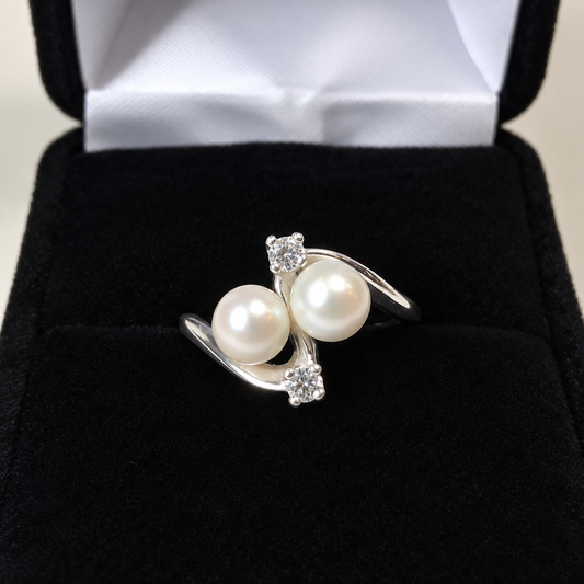Twin Pearl & White Topaz Sculptural Ring