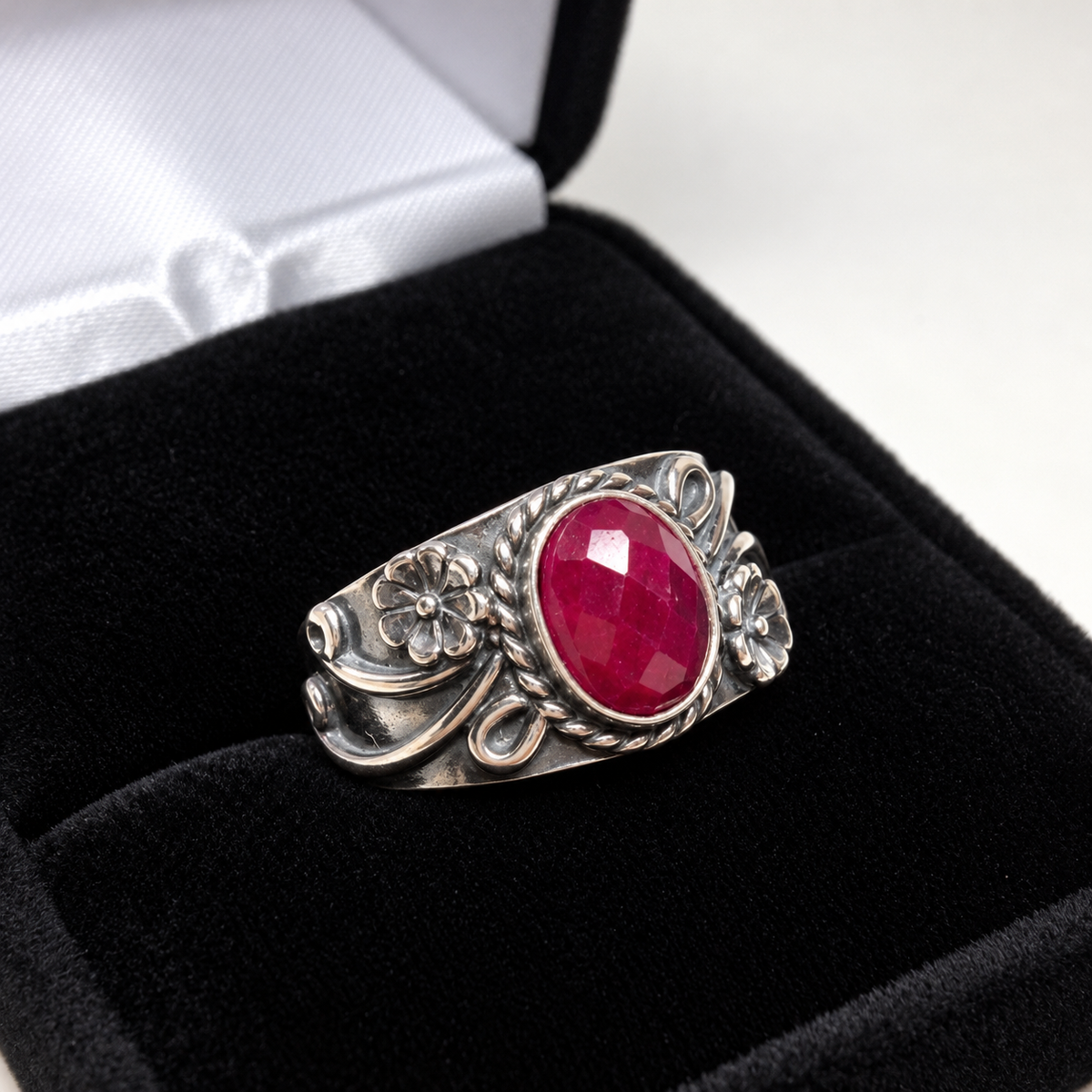 1.3ct Oval Genuine Ruby Floral Wide Band Ring