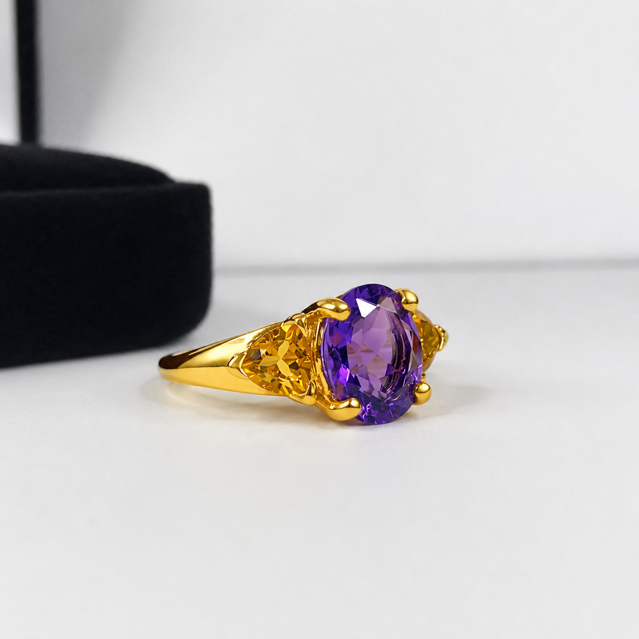 4CTW Oval Cut Amethyst Ring | Trillion Cut Citrine Three Stone Ring | Mardi Gras Ring