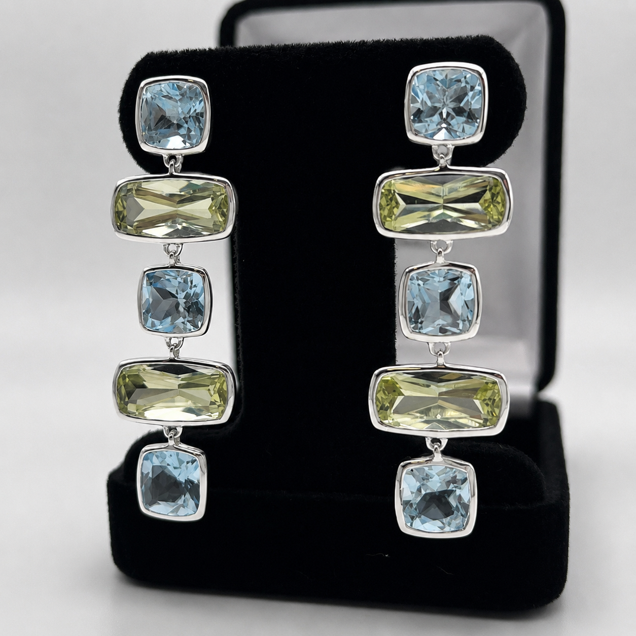 Sky Blue Topaz & Lime Quartz Geometric Drop Earrings 2”