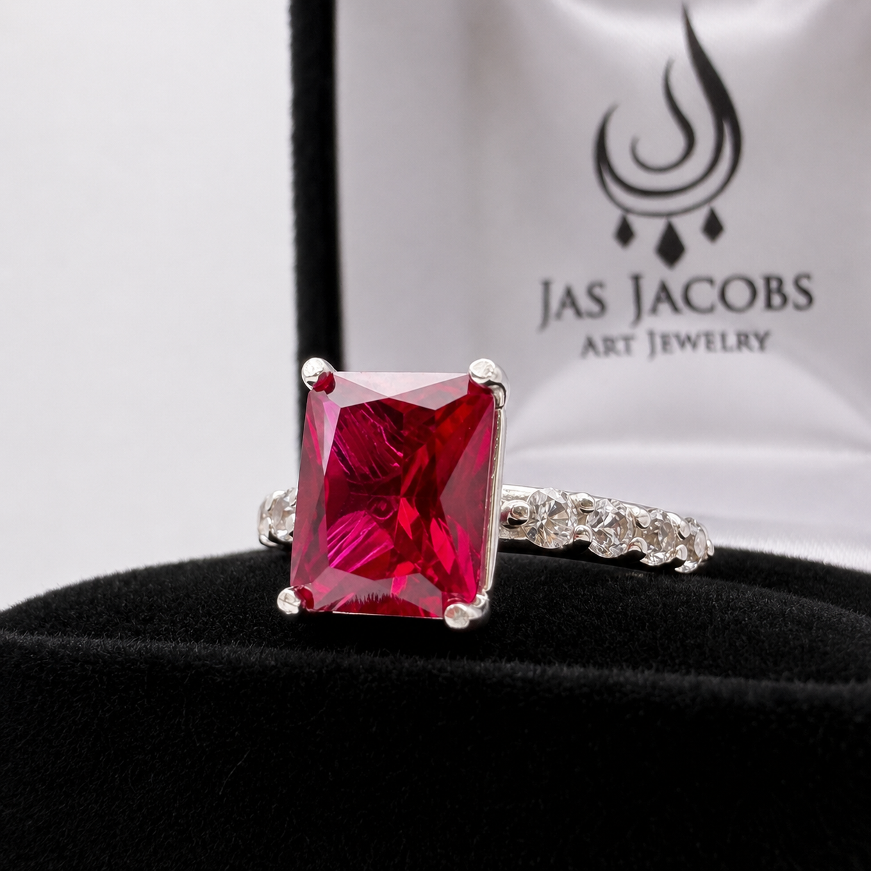 4.64 CTW Emerald Cut Ruby Ring | Diamond Band