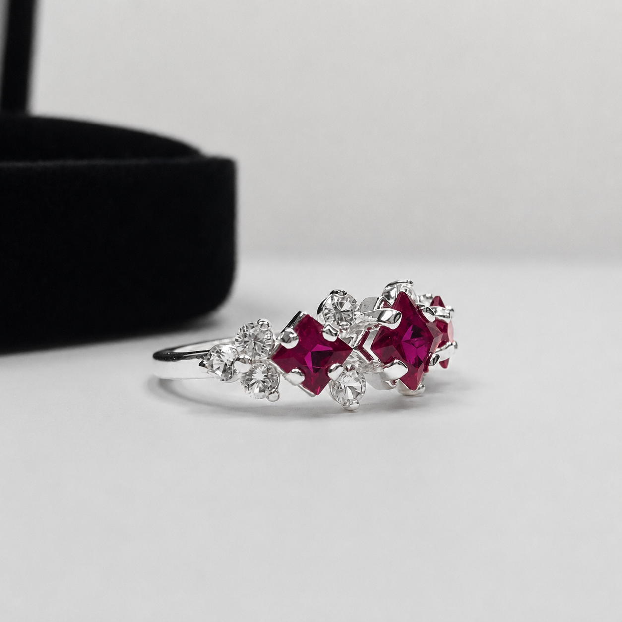 Art Deco Inspired Ruby and Diamond Three Stone Ring