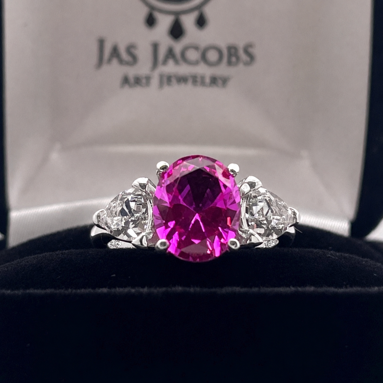 4ctw Bright Pink Sapphire Ring | White Sapphire Trillions | Three-Stone