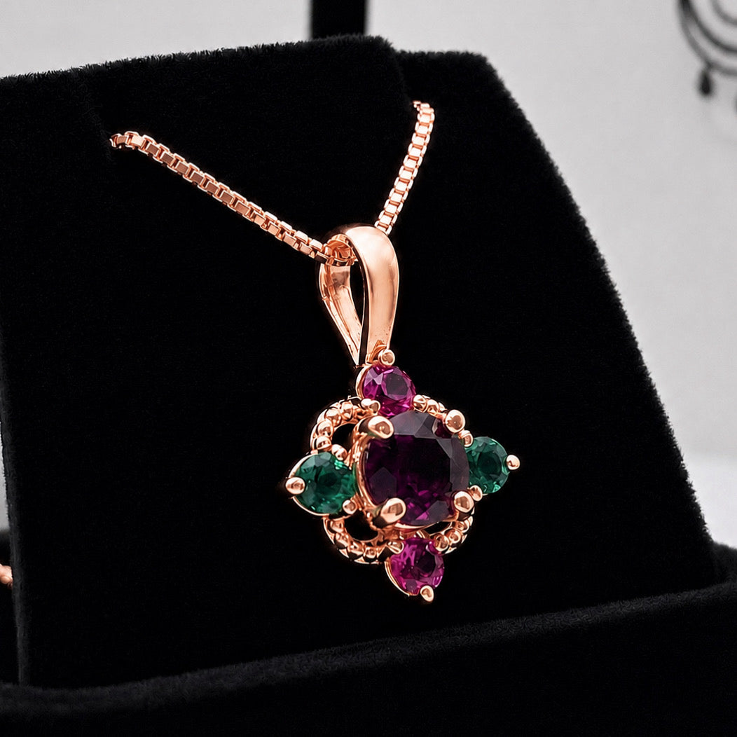 Vintage Inspired Rhodolite Garnet Pendant Necklace with Emeralds & Pink Sapphires | Heirloom Jewelry Gift | Customizable Jewelry
