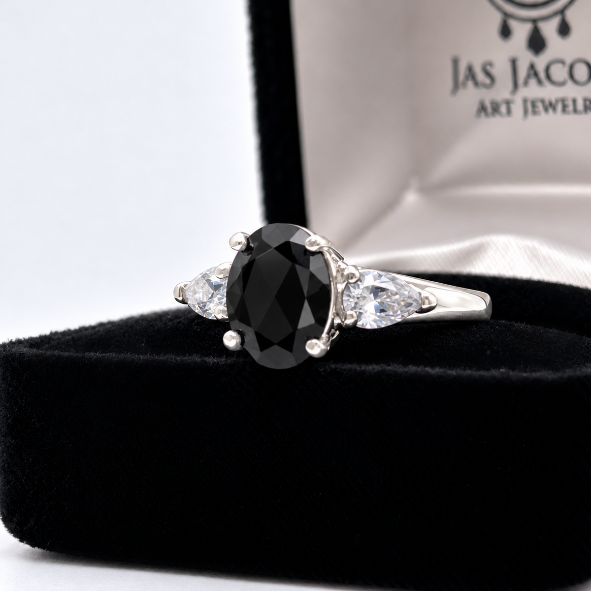 Oval Cut Faceted Black Onyx & White Sapphire Ring