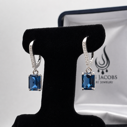 5.2ctw Emerald Cut London Blue Spinel & White Topaz Leverback Earrings