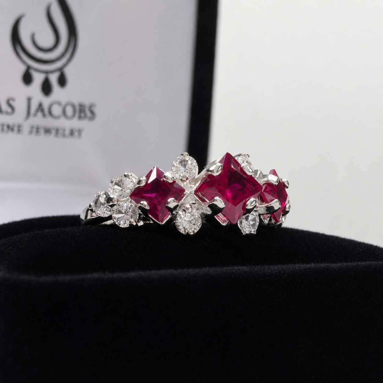 Art Deco Inspired Ruby and Diamond Three Stone Ring