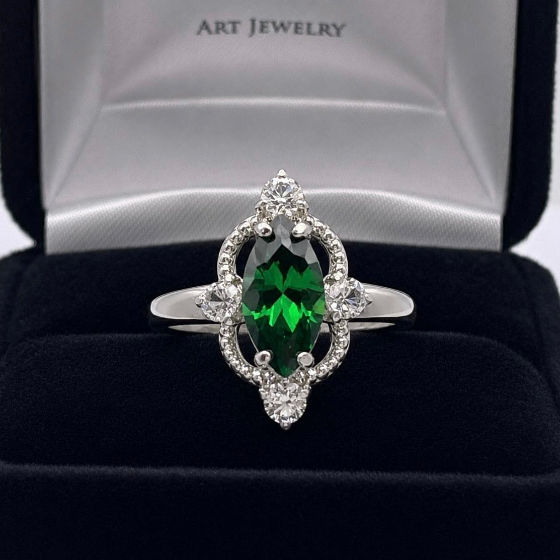 2.2ctw Marquise Cut Simulated Emerald & White Sapphire Ring