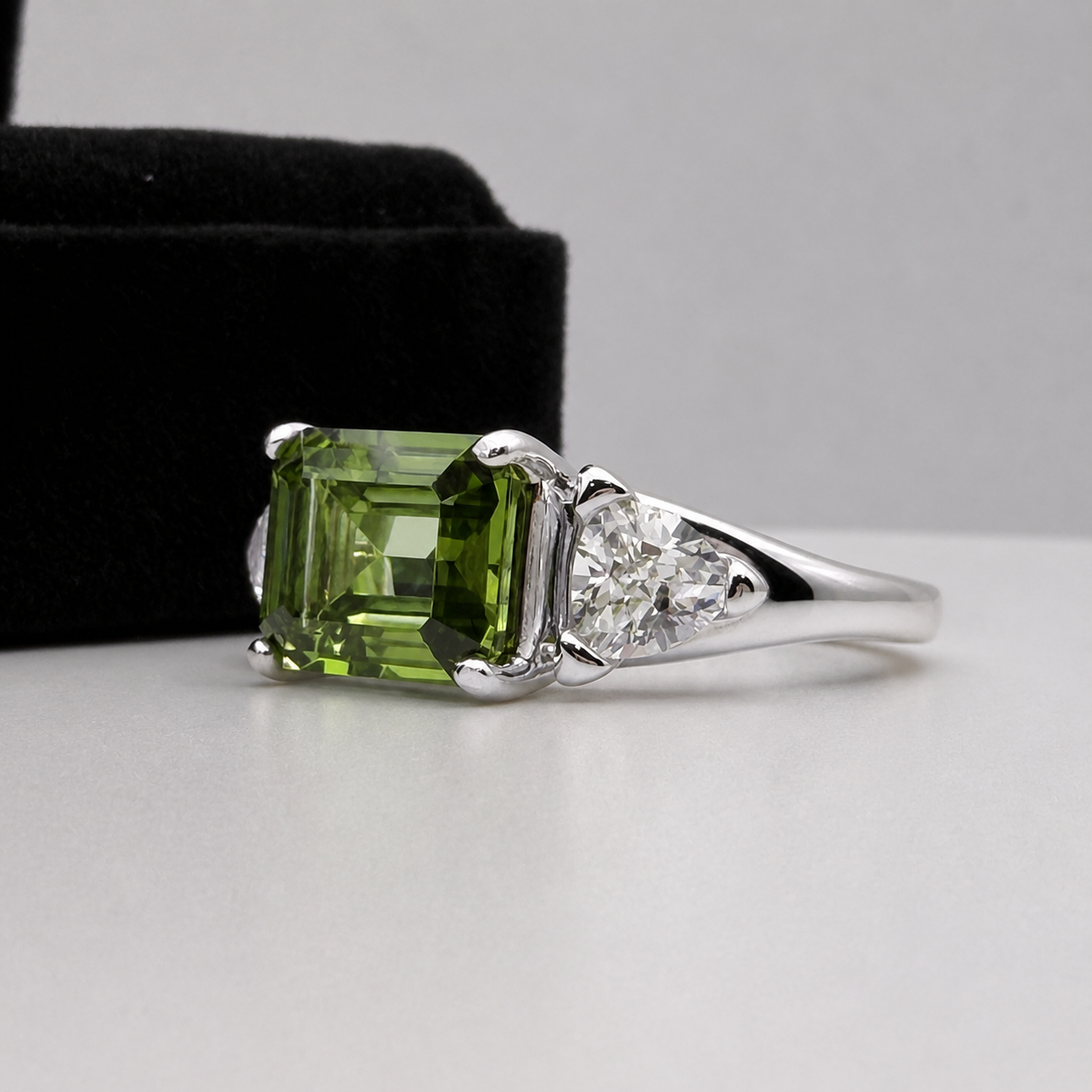 Emerald Cut Peridot & Trillion White Sapphire Art Deco Ring
