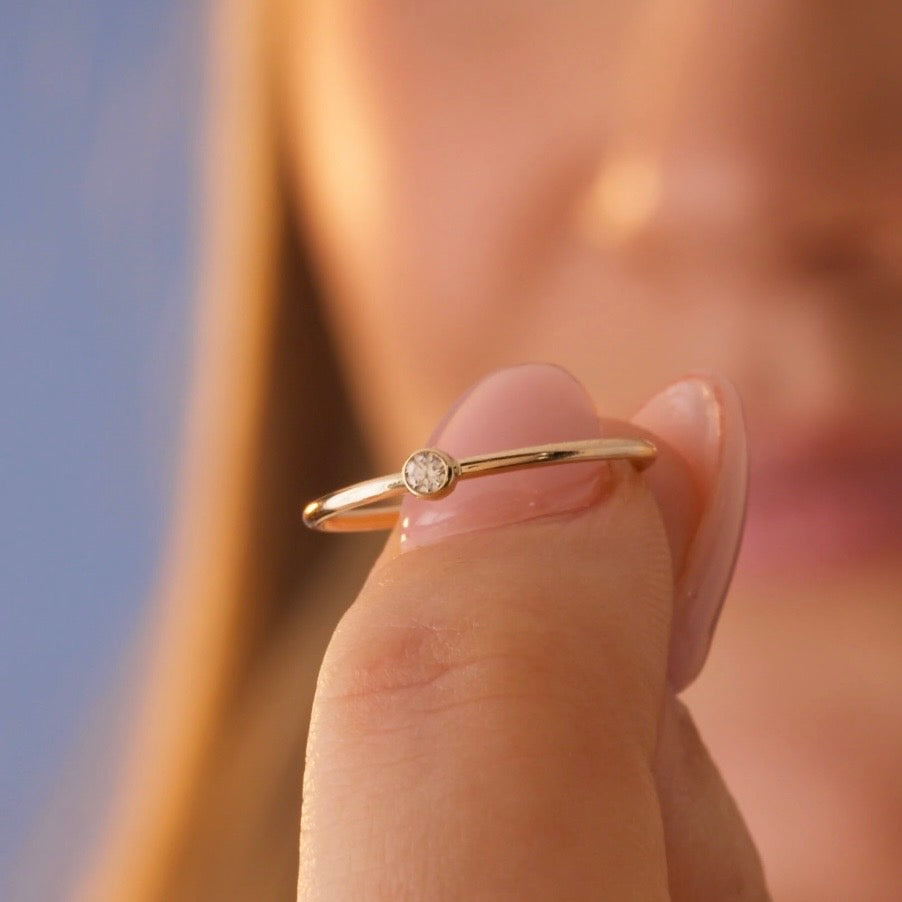 14K Yellow Gold 2mm Natural Diamond Stackable Ring | Minimalist Bezel Set Diamond Ring | Dainty Solid Gold Promise Ring