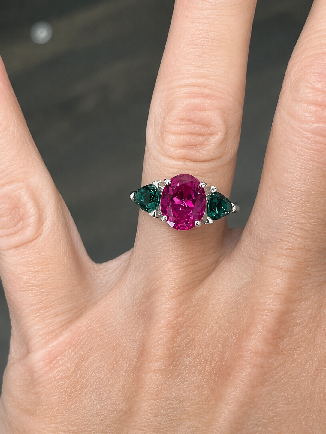 Watermelon Ring | 5CTW Oval Pink Sapphire Ring | Trillion Green Tourmaline Three Stone Ring