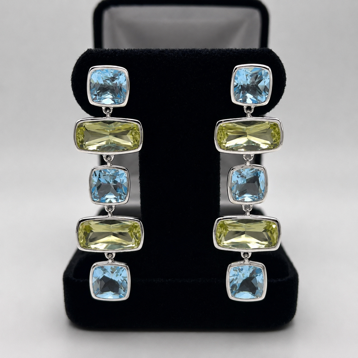 Sky Blue Topaz & Lime Quartz Geometric Drop Earrings 2”