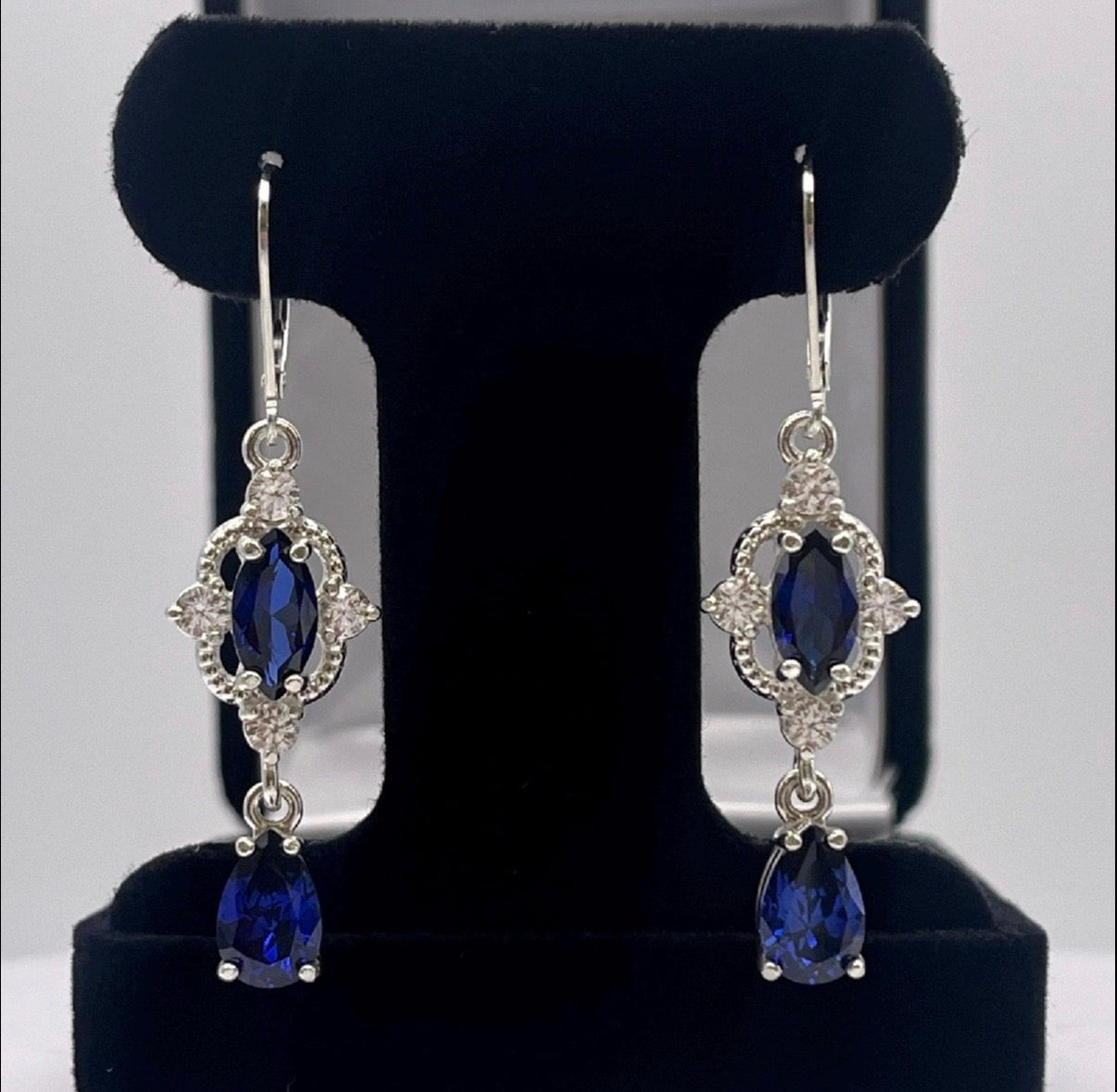 Vintage Inspired 6.7ctw Blue Sapphire Drop Earrings with White Sapphire Accents