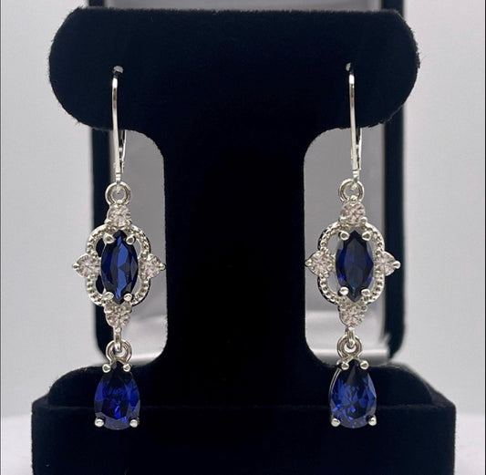 Vintage-inspired 6.7ctw Blue Sapphire Drop Earrings with White Sapphire Accents | Sterling Silver