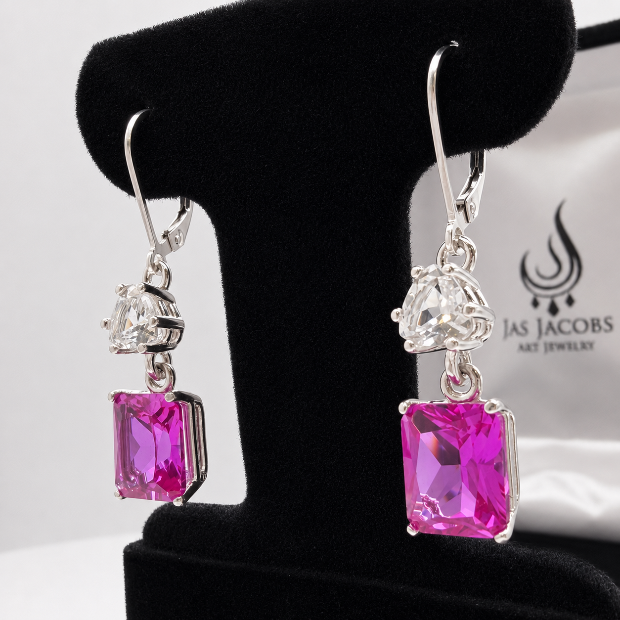 9ctw Emerald Cut Pink Sapphire & White Sapphire Dangle Earrings