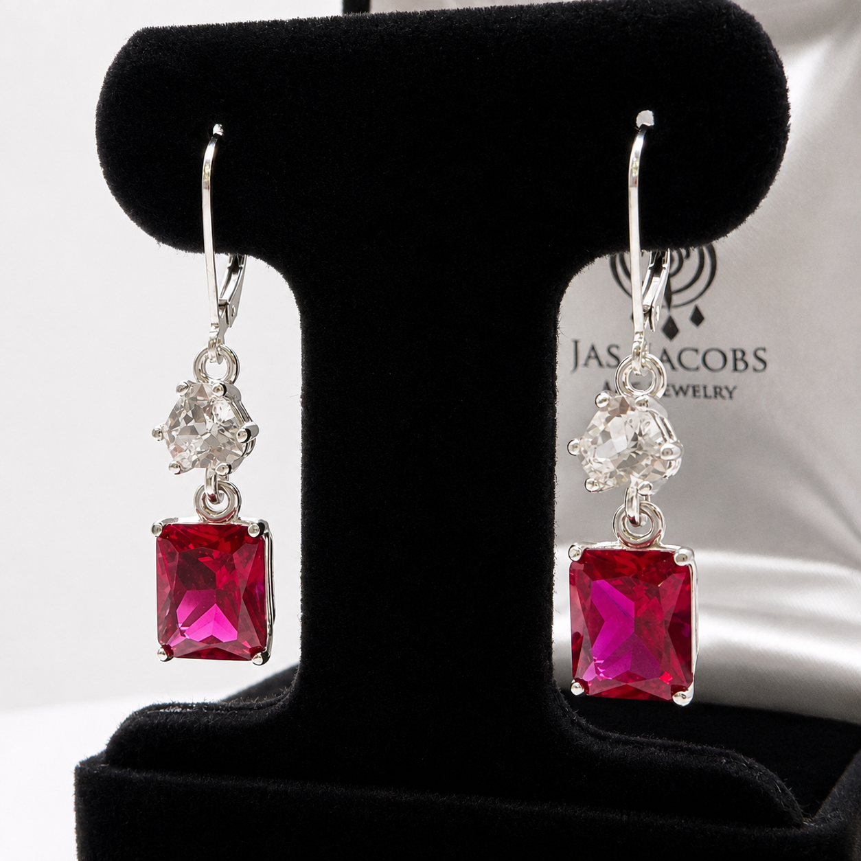 9ctw Emerald Cut Ruby & White Sapphire Dangle Earrings