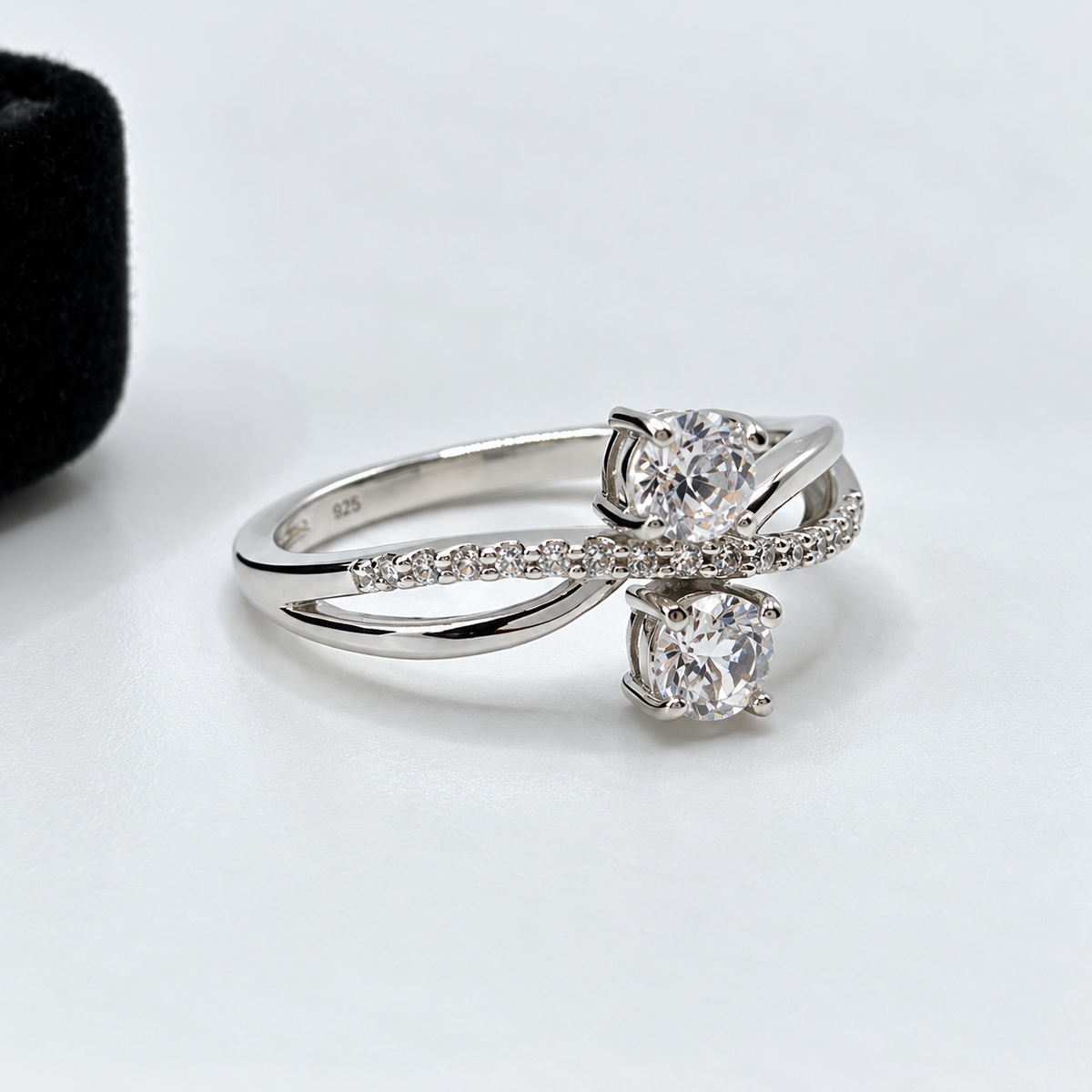 White Sapphire Two Stone Bypass Ring with Pavé Twist