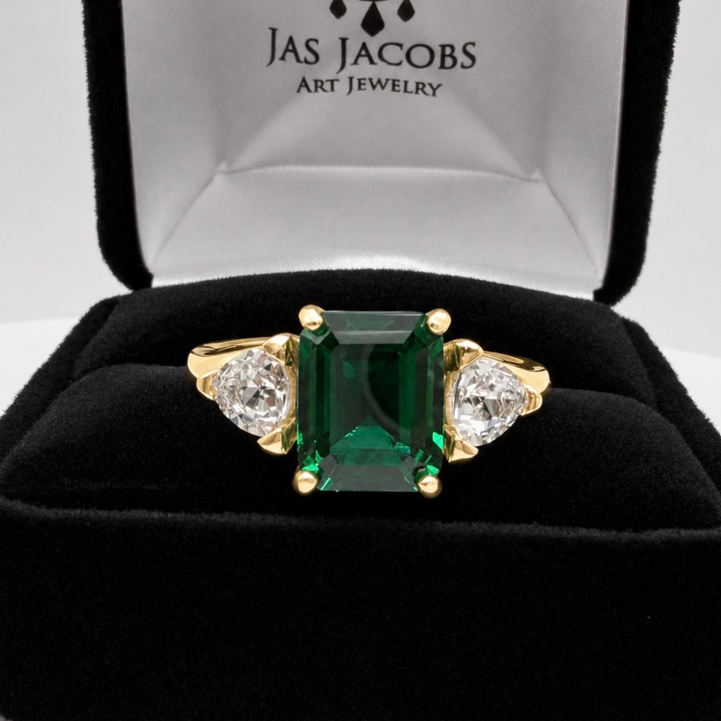 4.5CTW Emerald Cut Lab Emerald Ring | Trillion White Sapphire Three Stone Ring