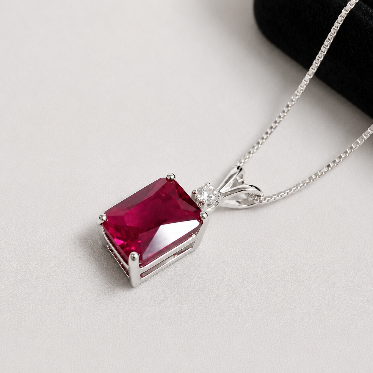 3CTW Emerald Cut Ruby Pendant Necklace | Diamond Accent