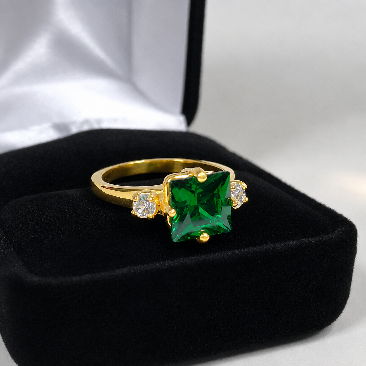 Princess Cut Simulated Emerald & White Sapphire Art Deco Ring