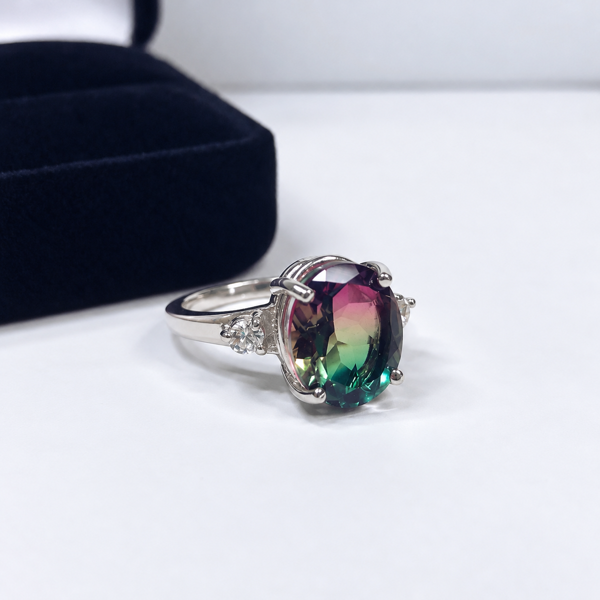 Watermelon Tourmaline Quartz Doublet & White Sapphire Statement Ring
