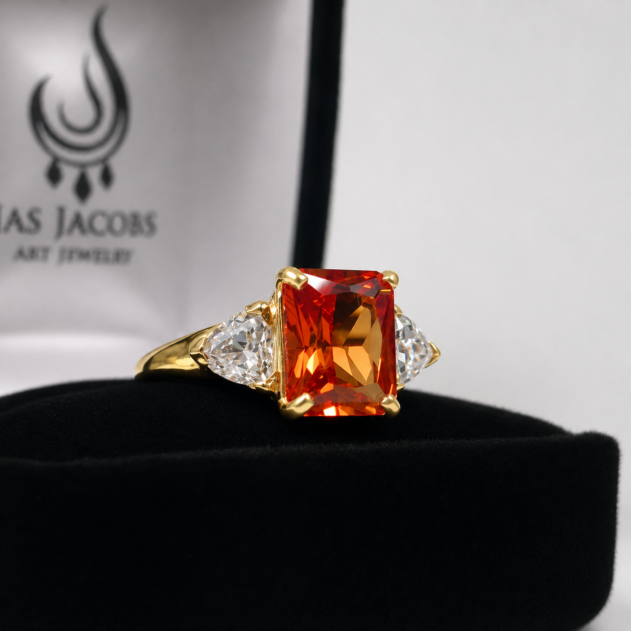 5.5ct Emerald Cut Padparadscha Sapphire Ring | Trillion Cut White Sapphire Three Stone Ring