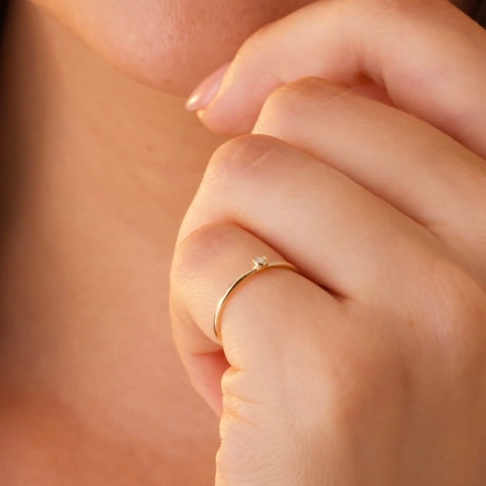 14K Yellow Gold 2mm Natural Diamond Stackable Ring | Minimalist Bezel Set Diamond Ring | Dainty Solid Gold Promise Ring