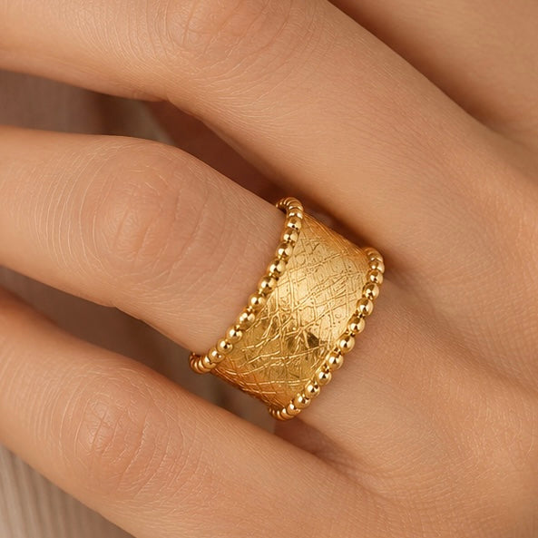 Yellow Gold Filled Textured Beaded Cigar Ring | Wide Tapered Water Resistant Statement Ring | Handmade Stackable Ring