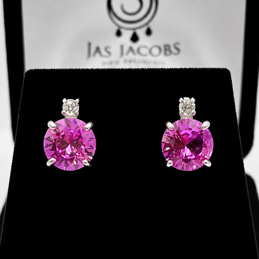 4ctw Brilliant Cut Pink Sapphire Earrings with White Sapphire Accents | Round Gemstone Stud Earrings | Bridal Jewelry | Gift for Her | Made to Order