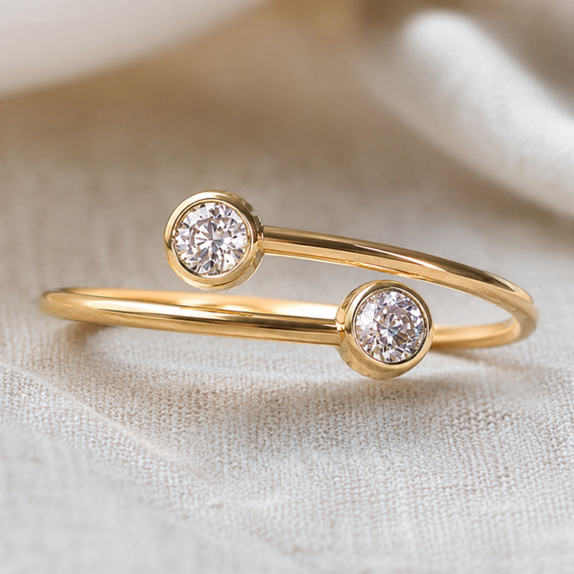 14K/20 Yellow Gold Filled Adjustable Cubic Zirconia Open Ring – Minimalist Double Bezel Set CZ Wrap Ring for Women